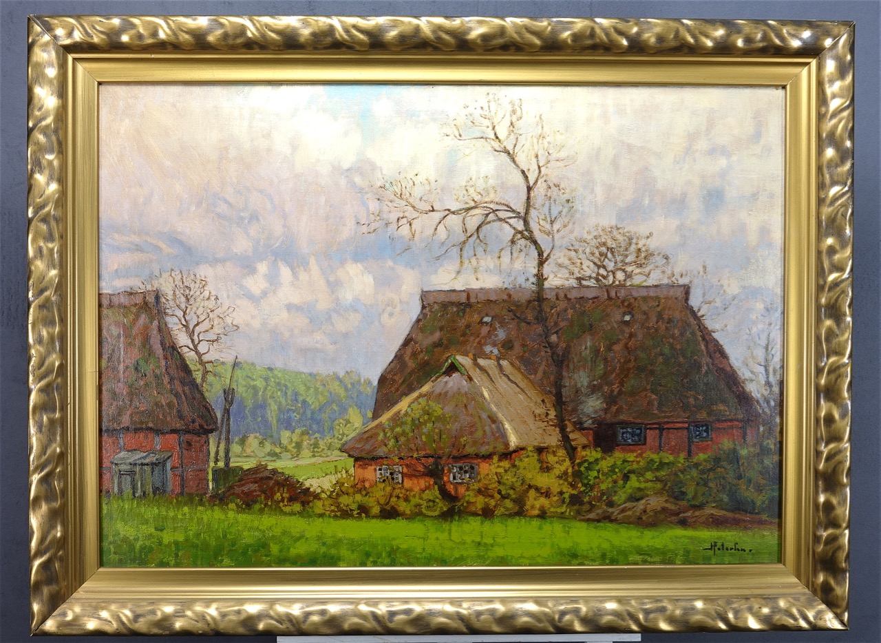 Heinrich Petersen: Ölgemälde Hofanlage am Wald, signiert, Impressionismus, erste Hälfte 20. Jahrhundert