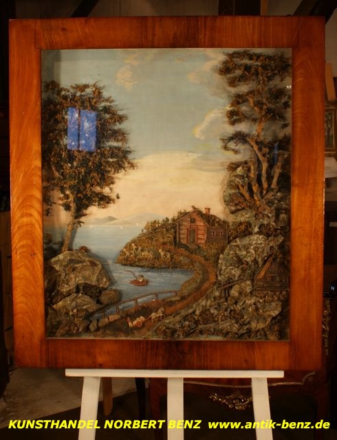 Biedermeier-Collage mit Fjordlandschaft, Papier und Naturmaterialien, Norddeutschland, um 1840