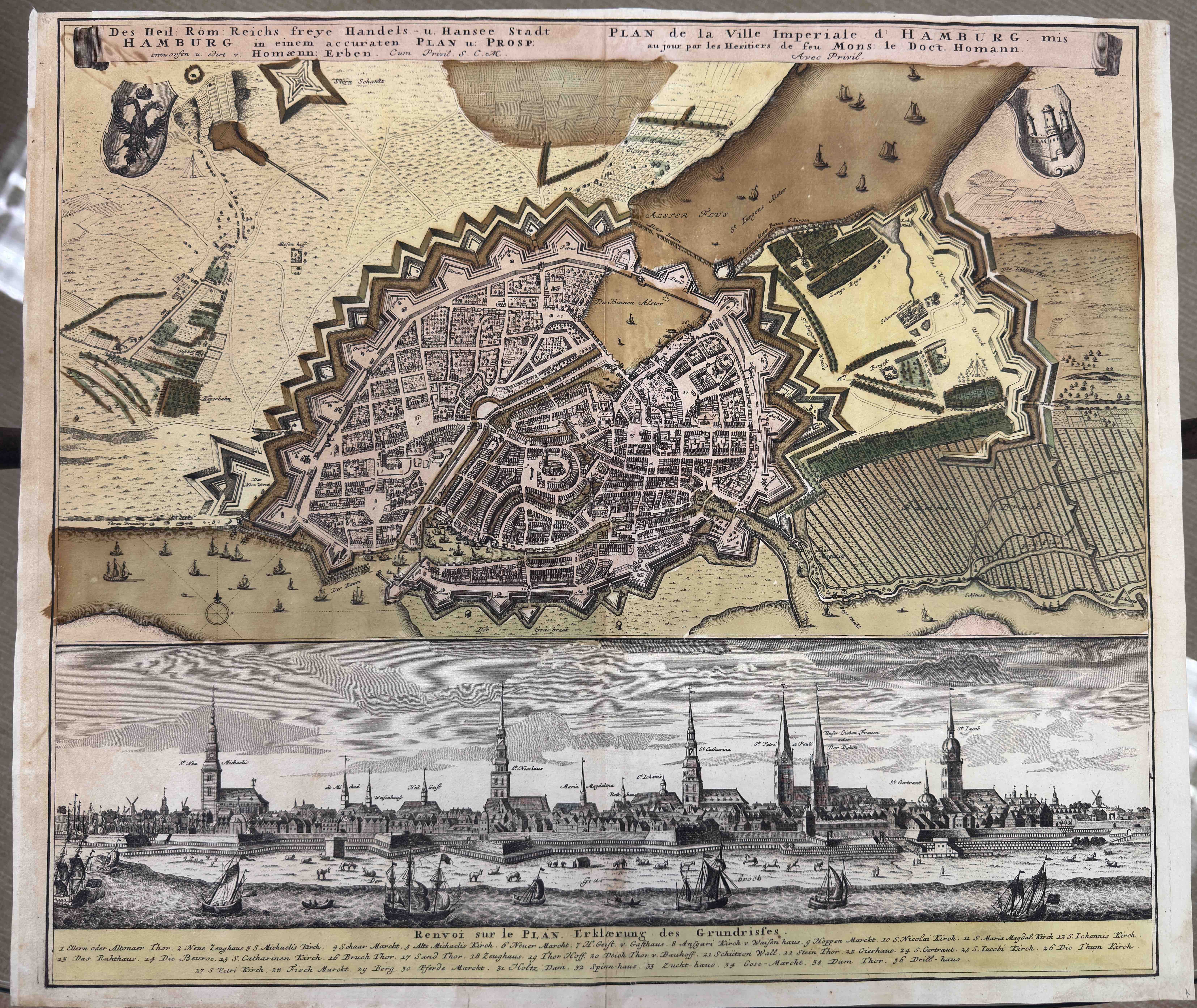 Kupferstich Freie und Hansestadt Hamburg Homännische Erben (Nürnberg) · Stadtplan mit Elb-Prospekt (ca. 1730–1737)