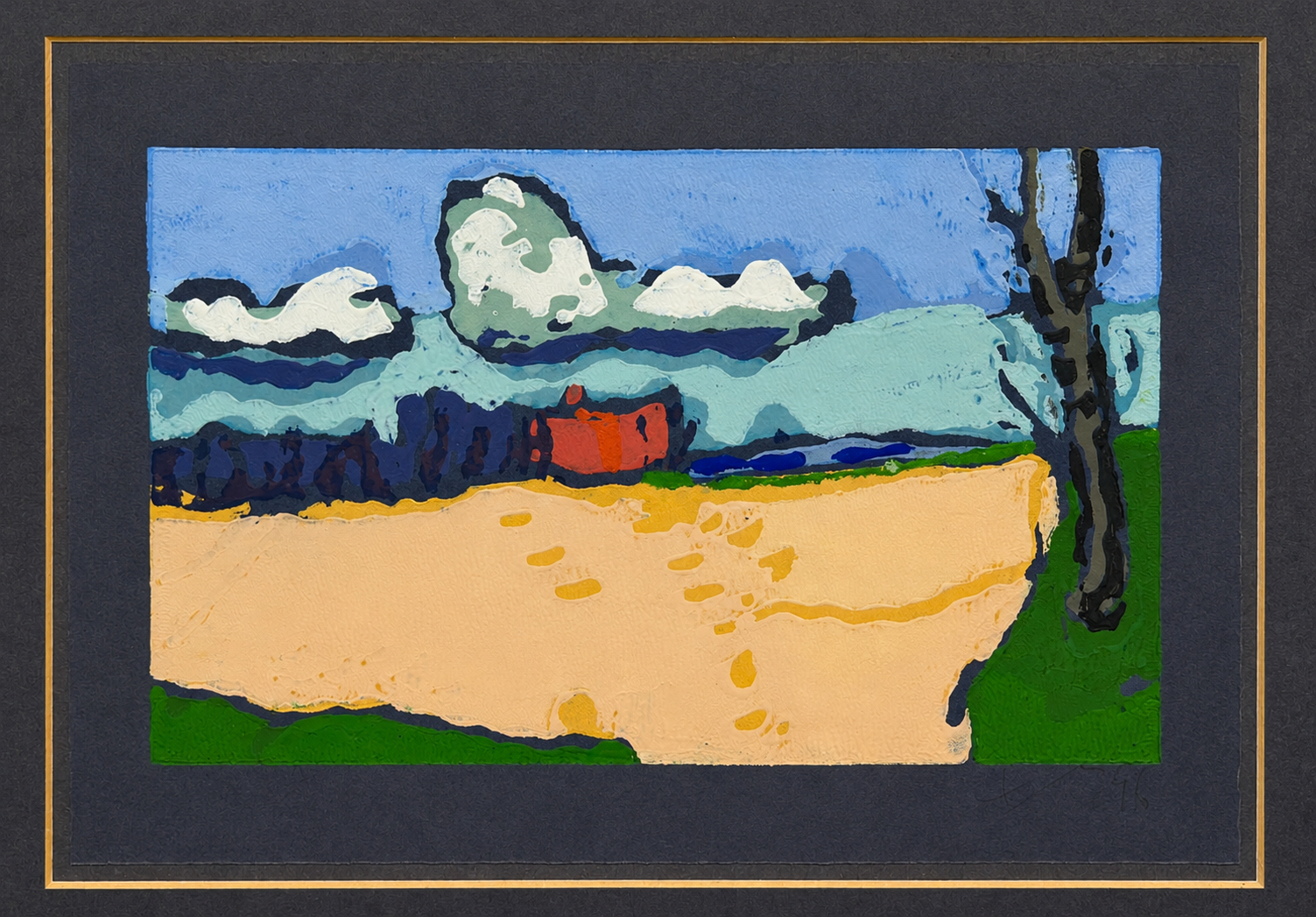 Klaus Fußmann(1938)-Weizenfeld mit rotem Haus(Geltinger Bucht)-Öl/Linol