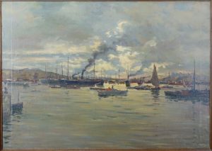 GEORG BURMESTER (1864-1936)-HAFENSZENE UM 1888-ÖL/PLATTE SIG. 