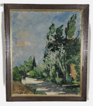 Hans Olde(1895 Gut Seekamp bei Kiel-1987 Gauting )-STRAßE MIT BÄUMEN BEI ORANGE-1926 ÖL/LEI.SIG. 