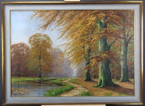 Hermann Sievers (1884 - 1956) - Öl auf Leinwand, "Herbstlicher Buchenwald mit Flußlauf" 