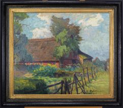 MAX WERNER(1878-1952)-REET GEDECKTE HOFANLAGE-ÖL AUF PLATTE-SIGNIERT 